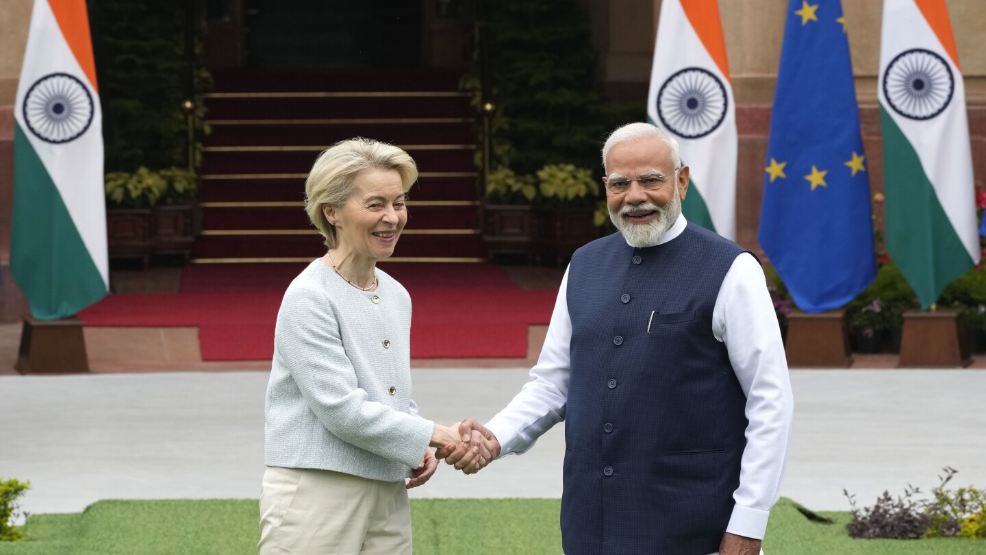Handshake between India and EU leaders representing trade partnership